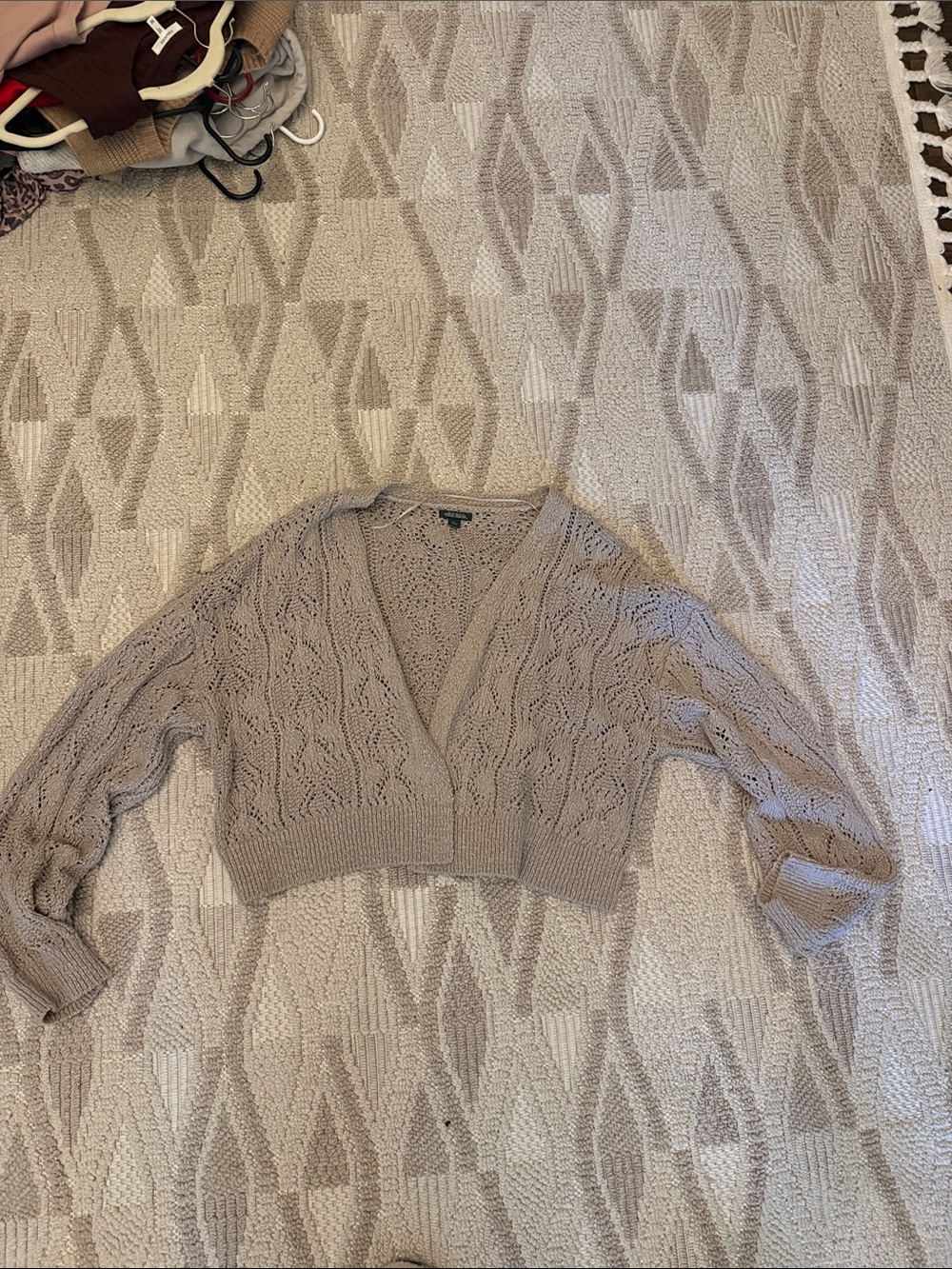 wild fable Cropped V-Neck Open-Knit Sweater in Taupe